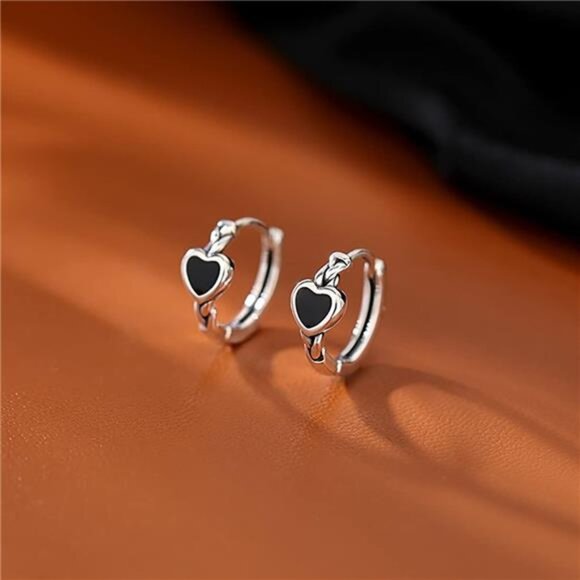 Solid 925 Sterling Silver Black Heart Hoop Earrings for Women Teens - Picture 4 of 7
